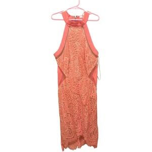 LUXXEL Coral Lace & Nude Lining Bodycon Cutout High Neck Halter Mini Dress